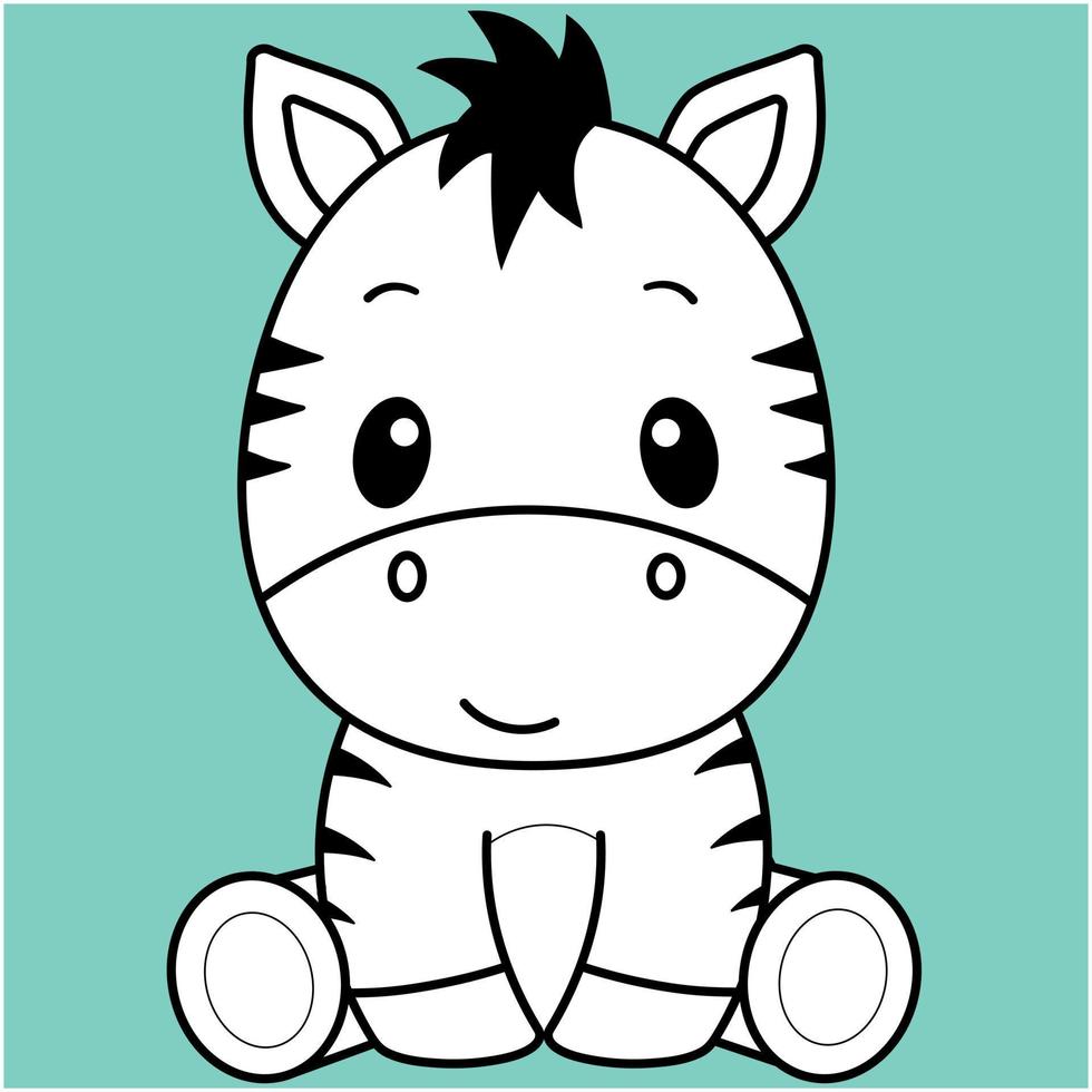 Cute Zebra, Kawaii Zebra  black and white outline for coloring book. vector