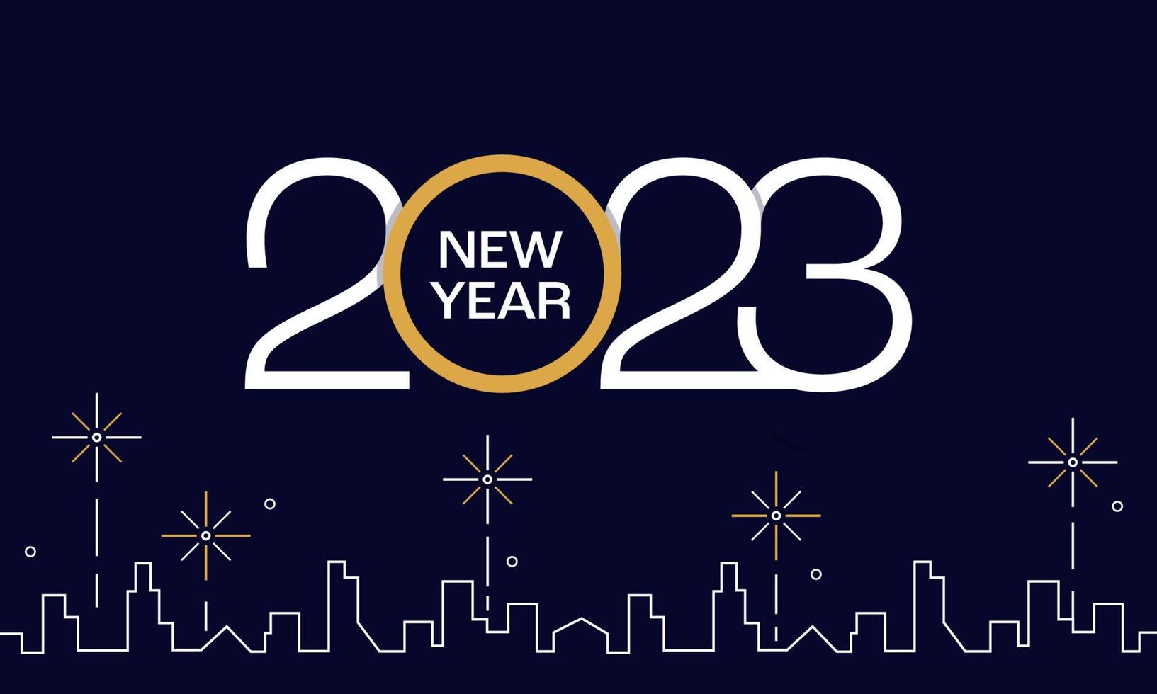 Fondo de cartel de feliz año nuevo 2023. tipografía simple con ilustración de vector de línea de construcción de ciudad urbana de medianoche para tarjeta de felicitación, banner, diseño de plantilla de fondo