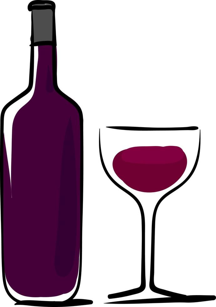 Wine bottle with glass, illustration, vector on white background.