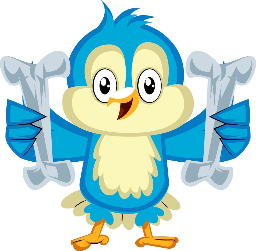 pájaro azul está sosteniendo dos huesos, ilustración, vector sobre fondo blanco.