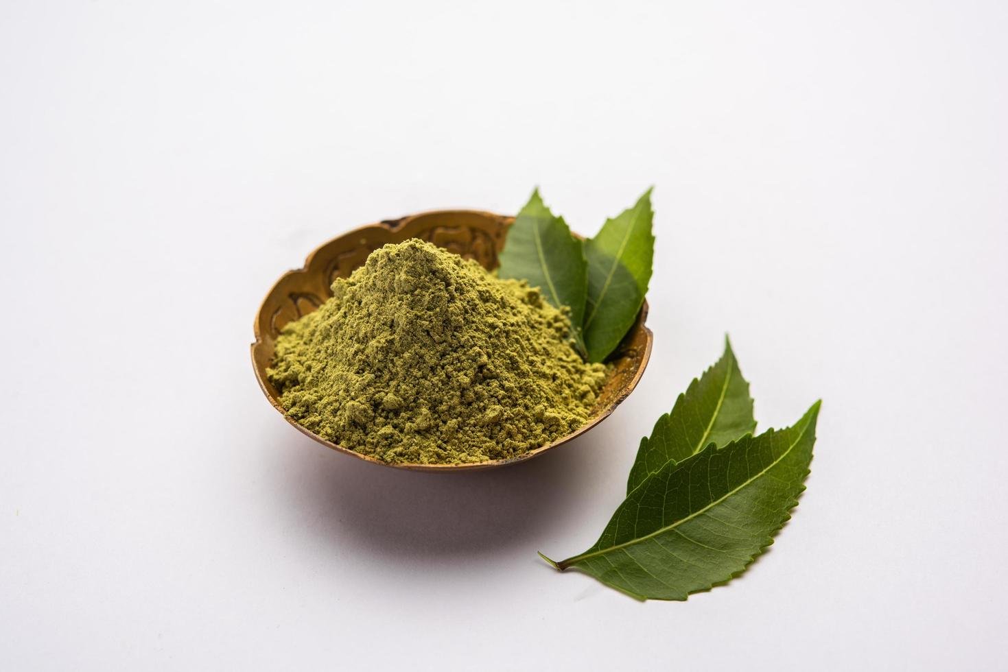 Neem Powder, paste and juice. Azadirachta indica or commonly known as nimtree or Indian lilac photo