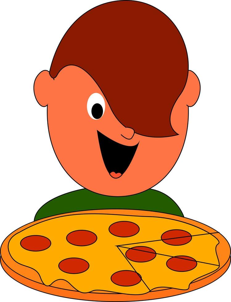 Boy eating pizza, illustration, vector on white background.