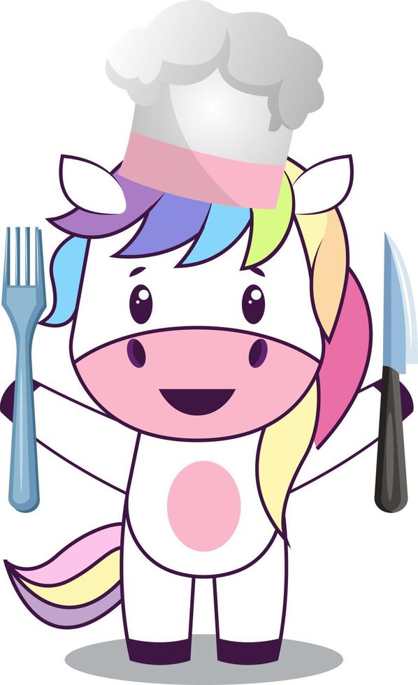 Unicornio con cuchillo, ilustración, vector sobre fondo blanco.