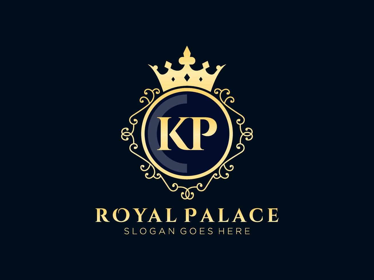 Letter KP Antique royal luxury victorian logo with ornamental frame. vector