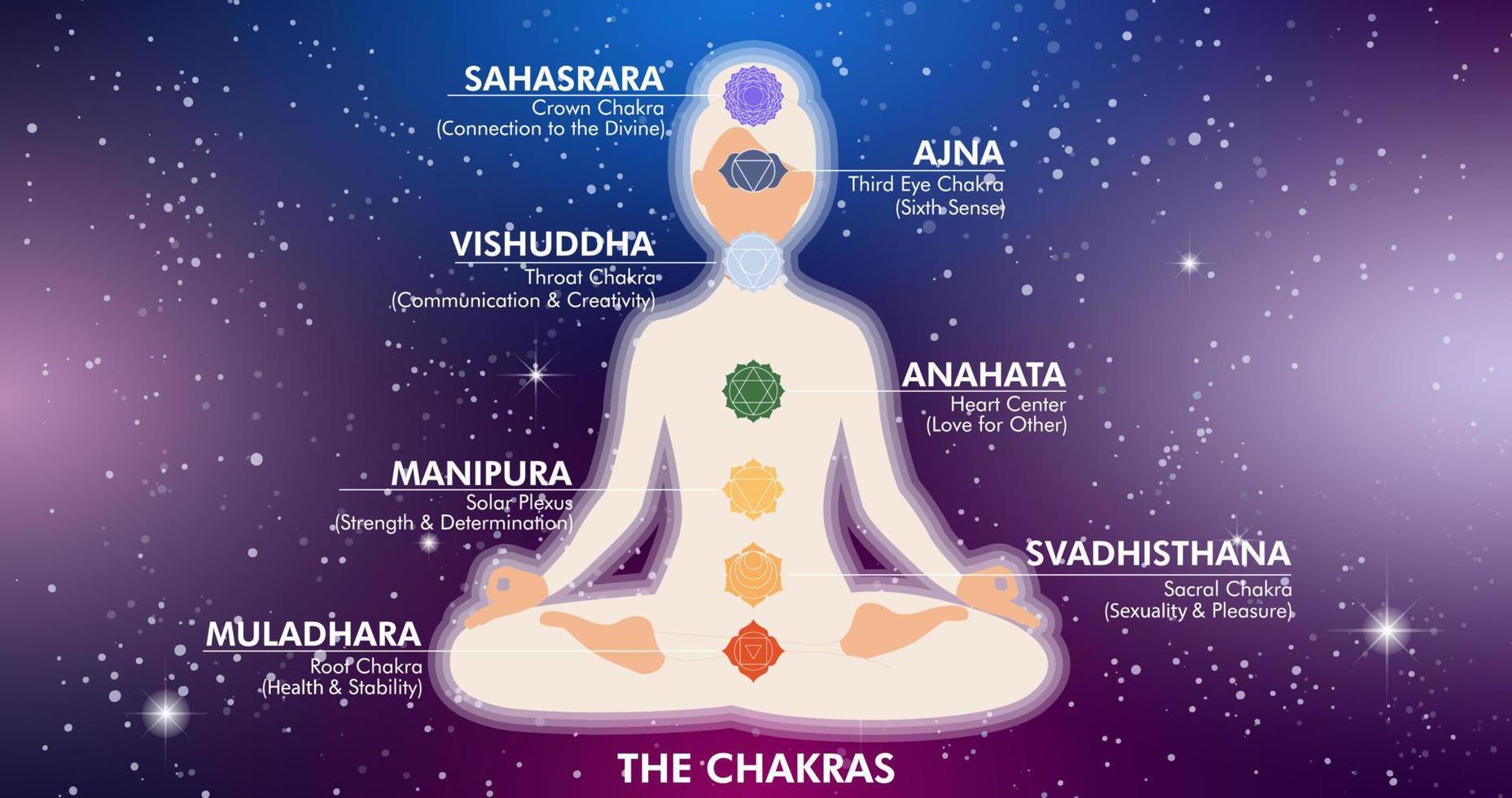 mujer meditando en posición de loto en el fondo del universo con íconos y nombres de chakras. banner de infografía de vector de yoga