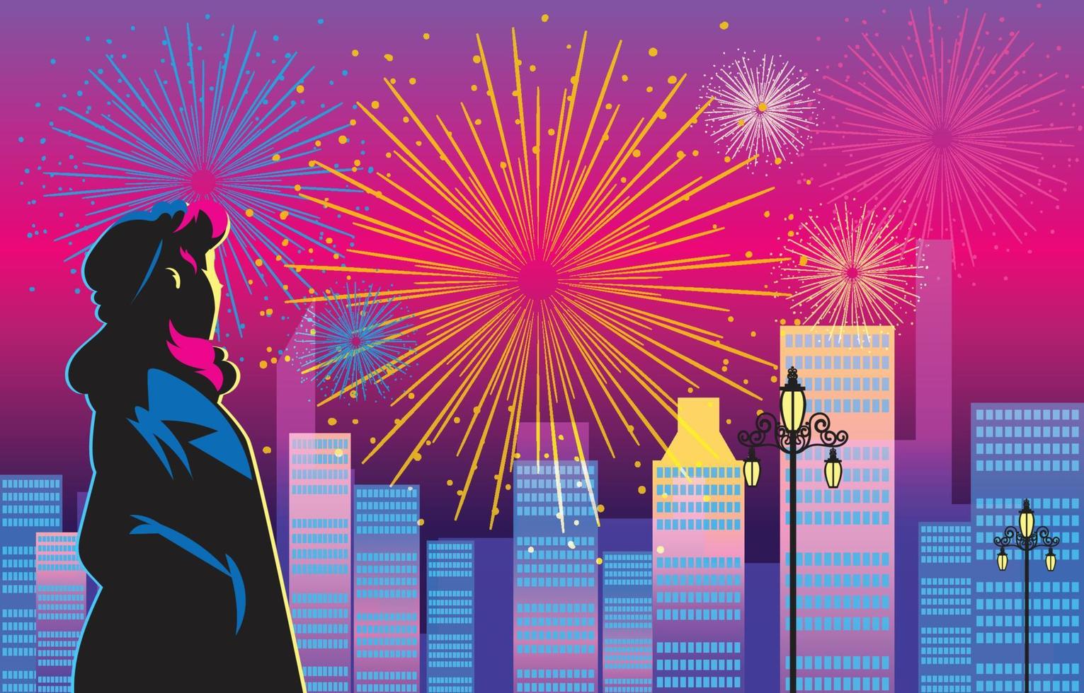 Silhouette Of a Woman Watching Fireworks vector