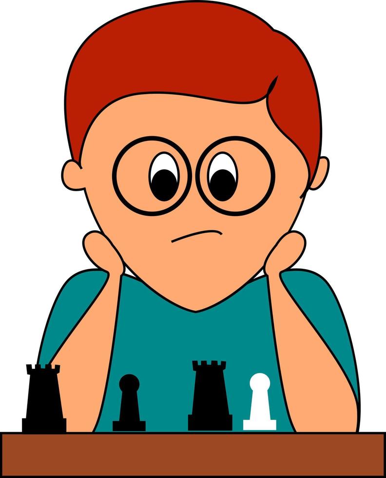 Boy playing chess, illustration, vector on white background.