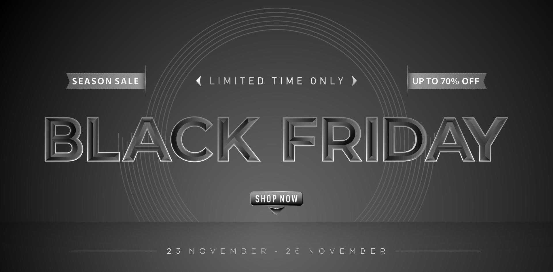 Illustration of Black Friday Season Sale on dark background with ribbon. Black Friday signs lettering font monochrome colors for advertising, promotion, web banner, brochure and flyer design concept. vector