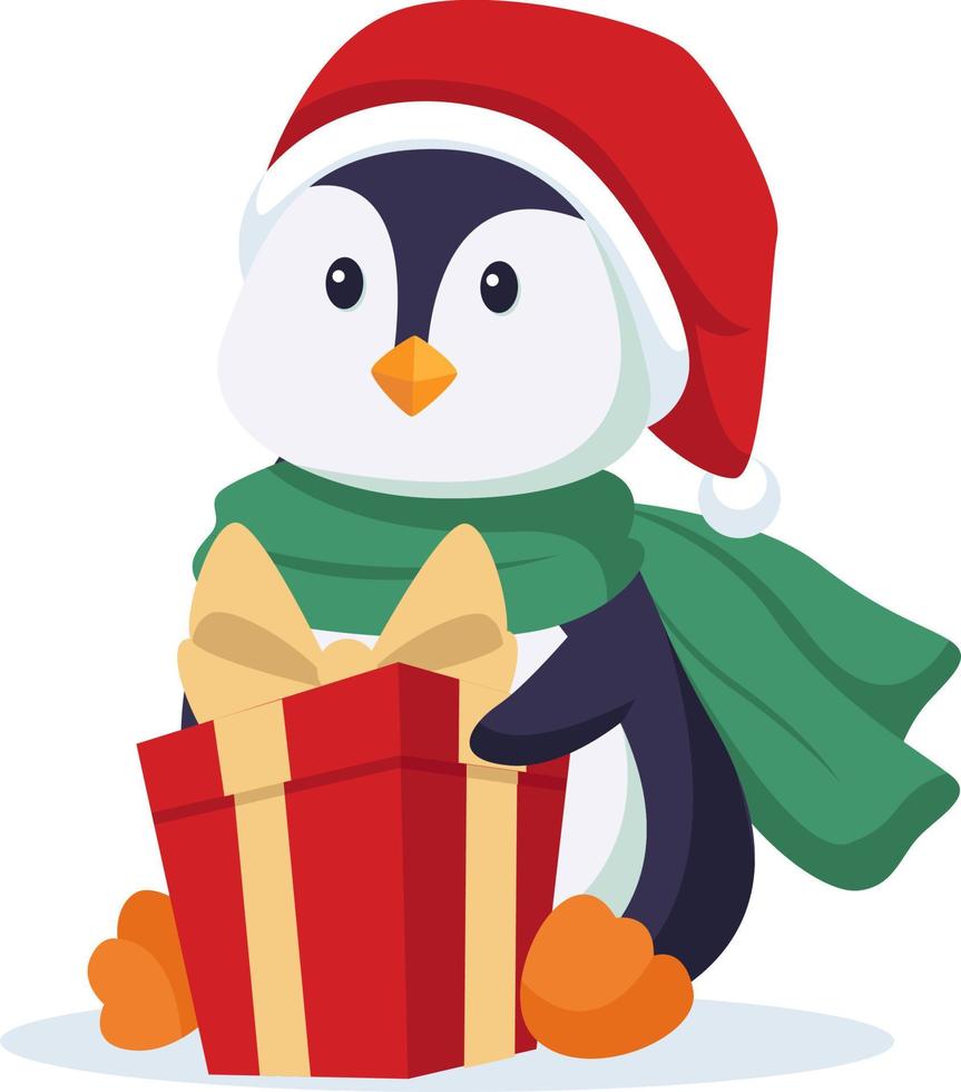 lindo pingüino con ilustración de diseño de personaje de regalo de navidad vector