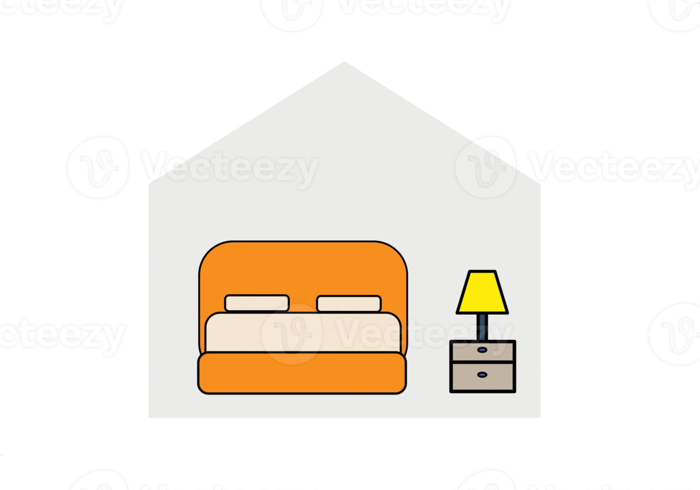 lit double dans la chambre à coucher, fond plat de meubles d'hôtel, symbole d'icône, graphique png