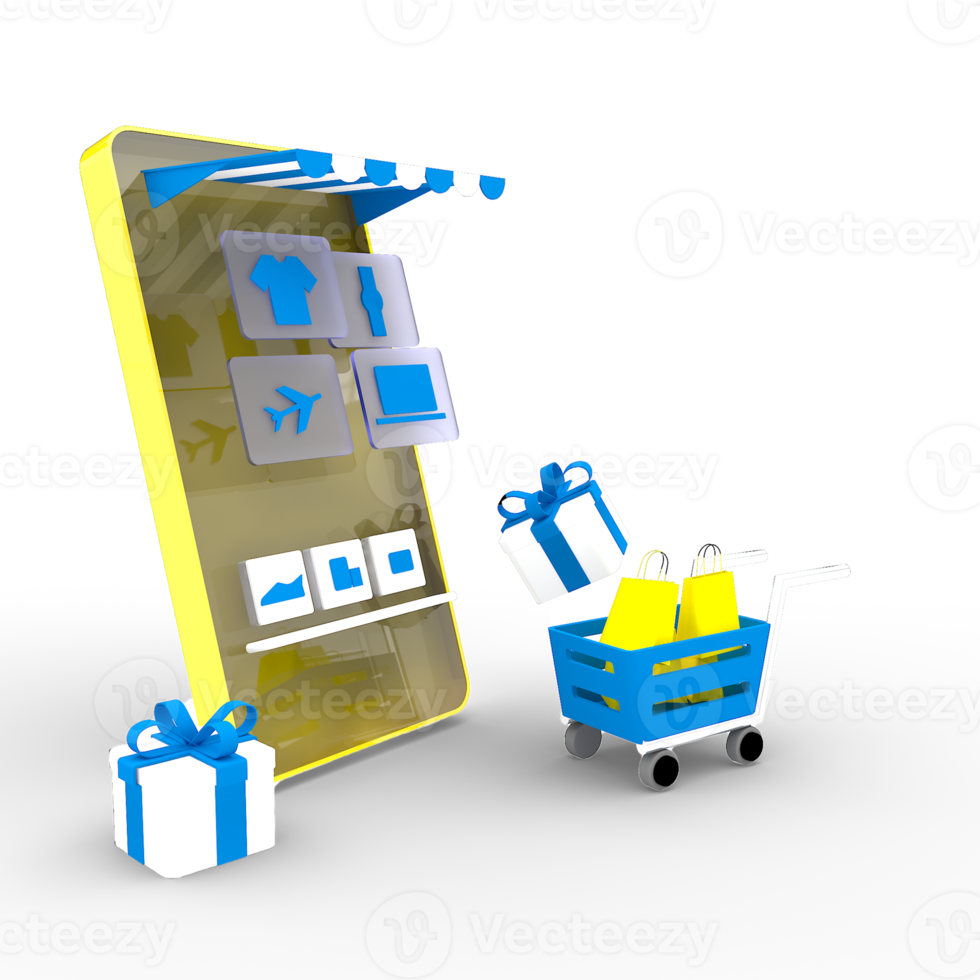 3D render Online shop Yellow mobile app transparency png