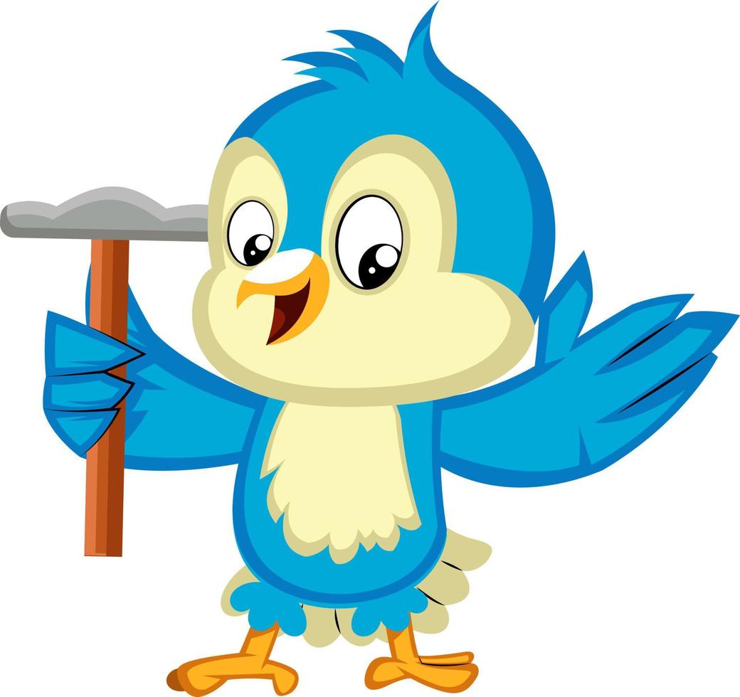 Blue bird is holding a hammer, illustration, vector on white background.