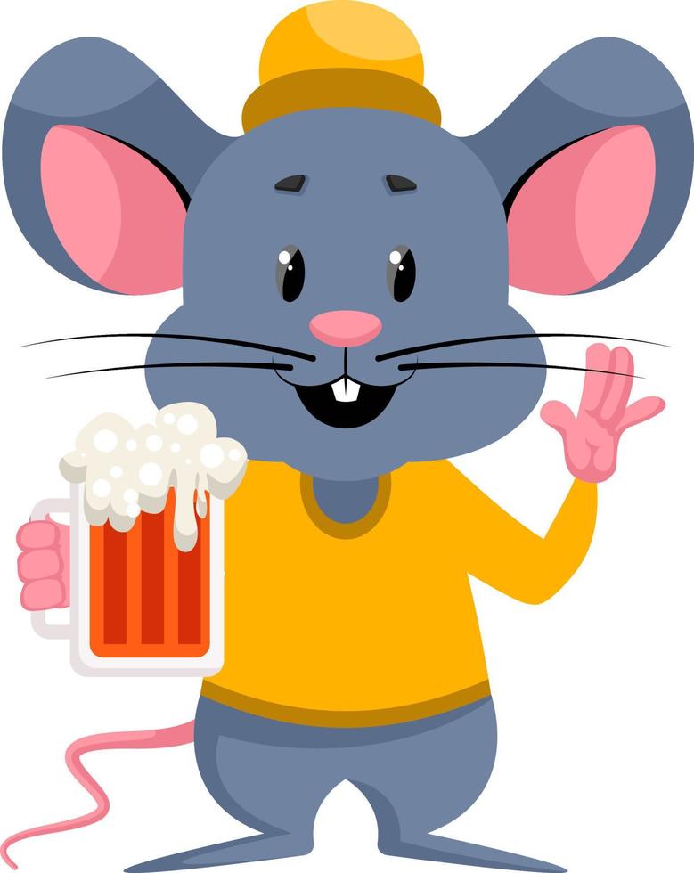 Mouse with beer, illustration, vector on white background.