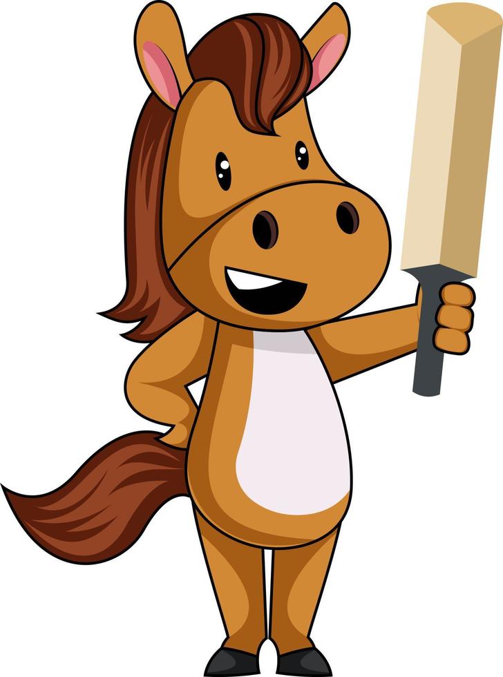 Horse with cricket bat, illustration, vector on white background.
