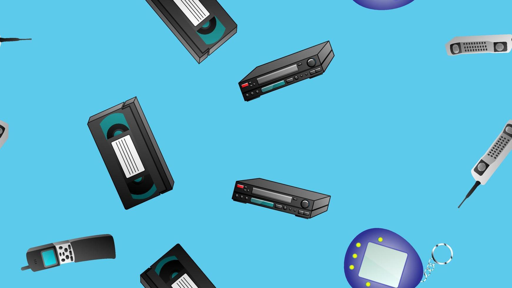 Seamless pattern of retro old hipster electronic devices technology computers cassettes tape recorders mobile phones from the 70s, 80s, 90s, 2000s on a blue background vector