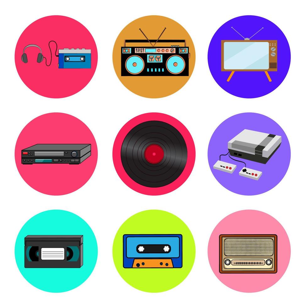 Set of trendy retro old cool hipster vintage round icons from 70s, 80s, 90s cassette music player, audio recorder, TV, VCR, vinyl, game console, videotape, audio cassette, radio vector