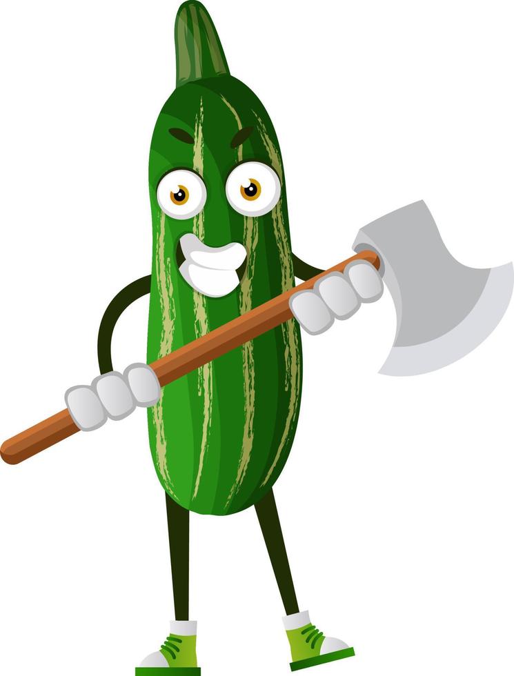 Cucumber holding axe, illustration, vector on white background.