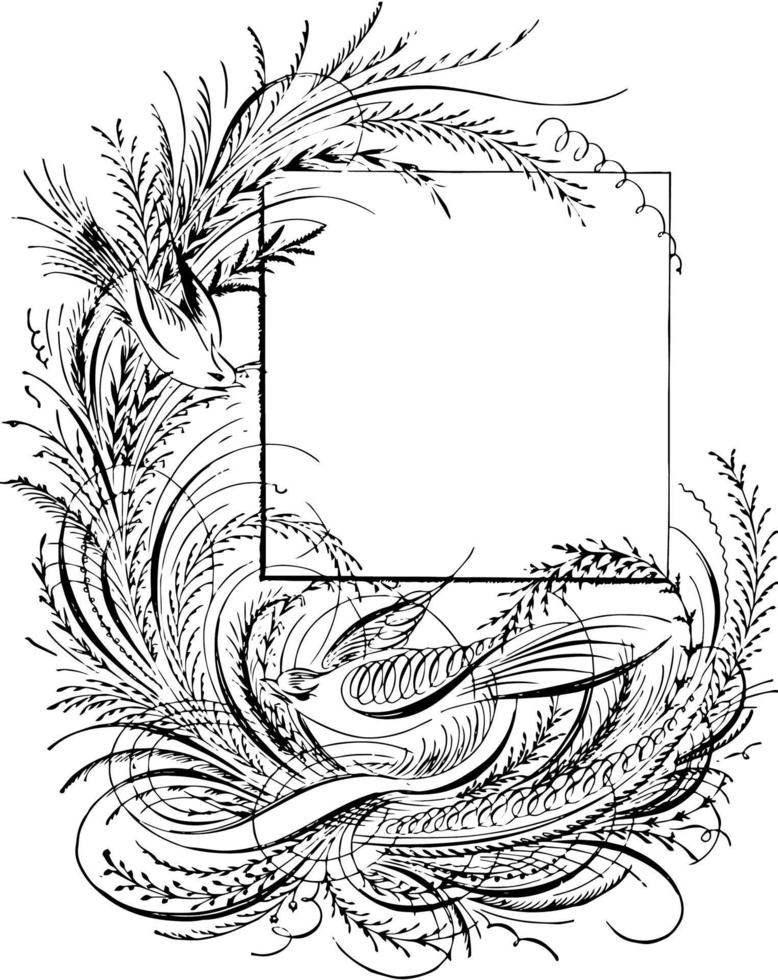 Bird with leaves in border pattern, vintage engraving. vector