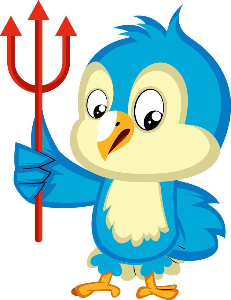 Blue bird is holding a trident, illustration, vector on white background.