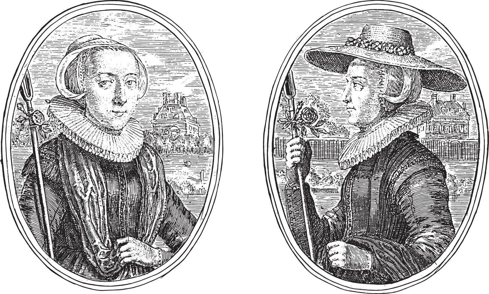 Portraits of two unknown women, both as shepherdess, vintage illustration. vector