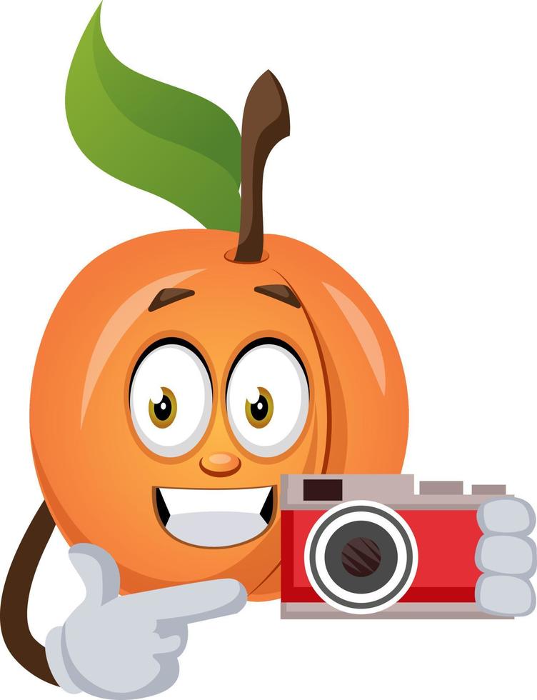 Apricot with camera, illustration, vector on white background.