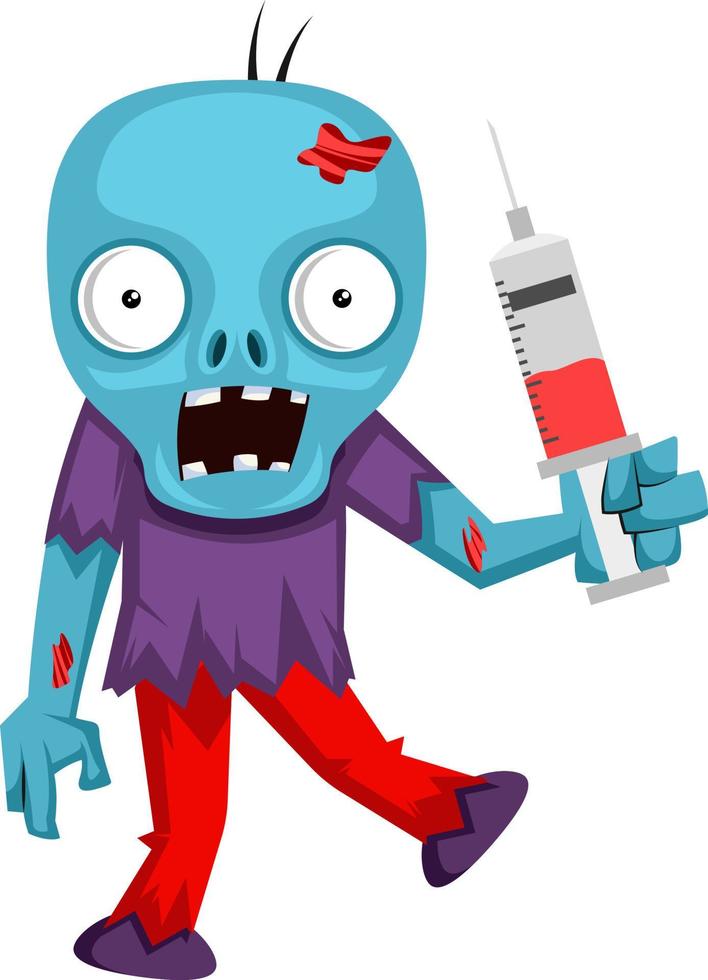 Zombie with injection, illustration, vector on white background.