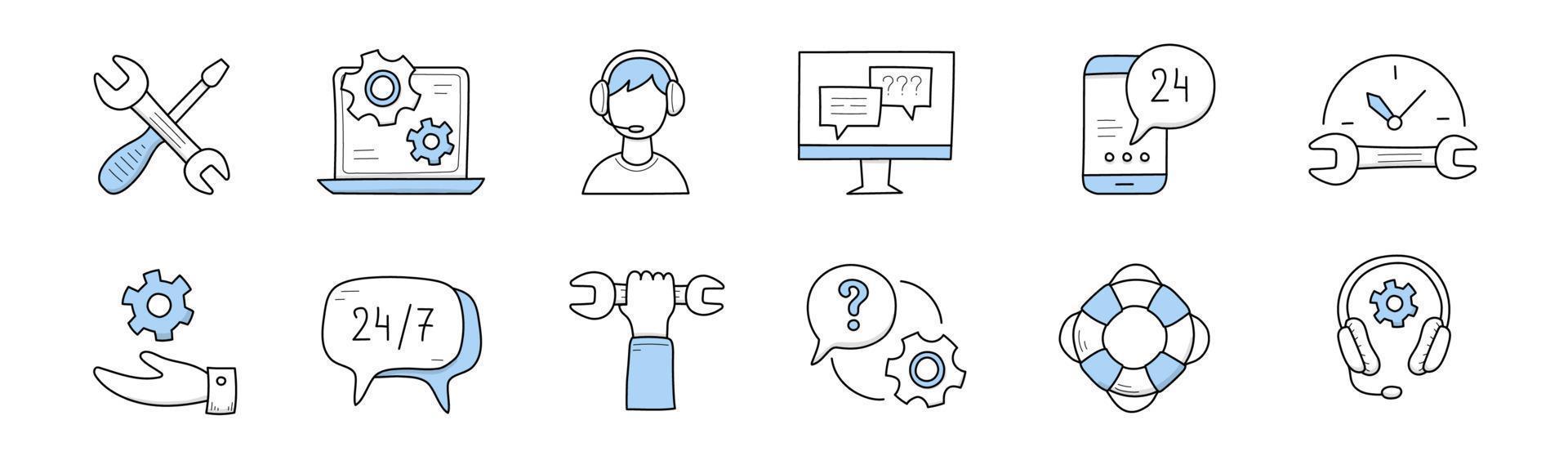 Customer support doodle icons, helpdesk service vector