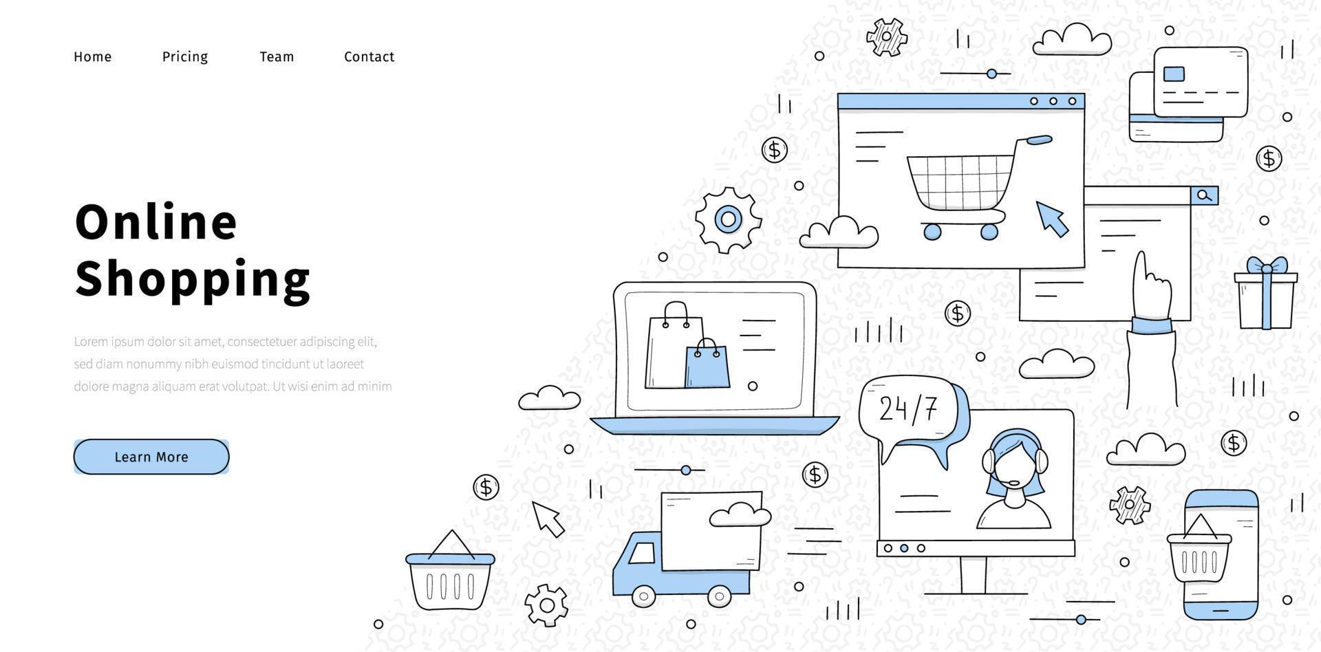 Online shopping doodle landing page, internet sale vector