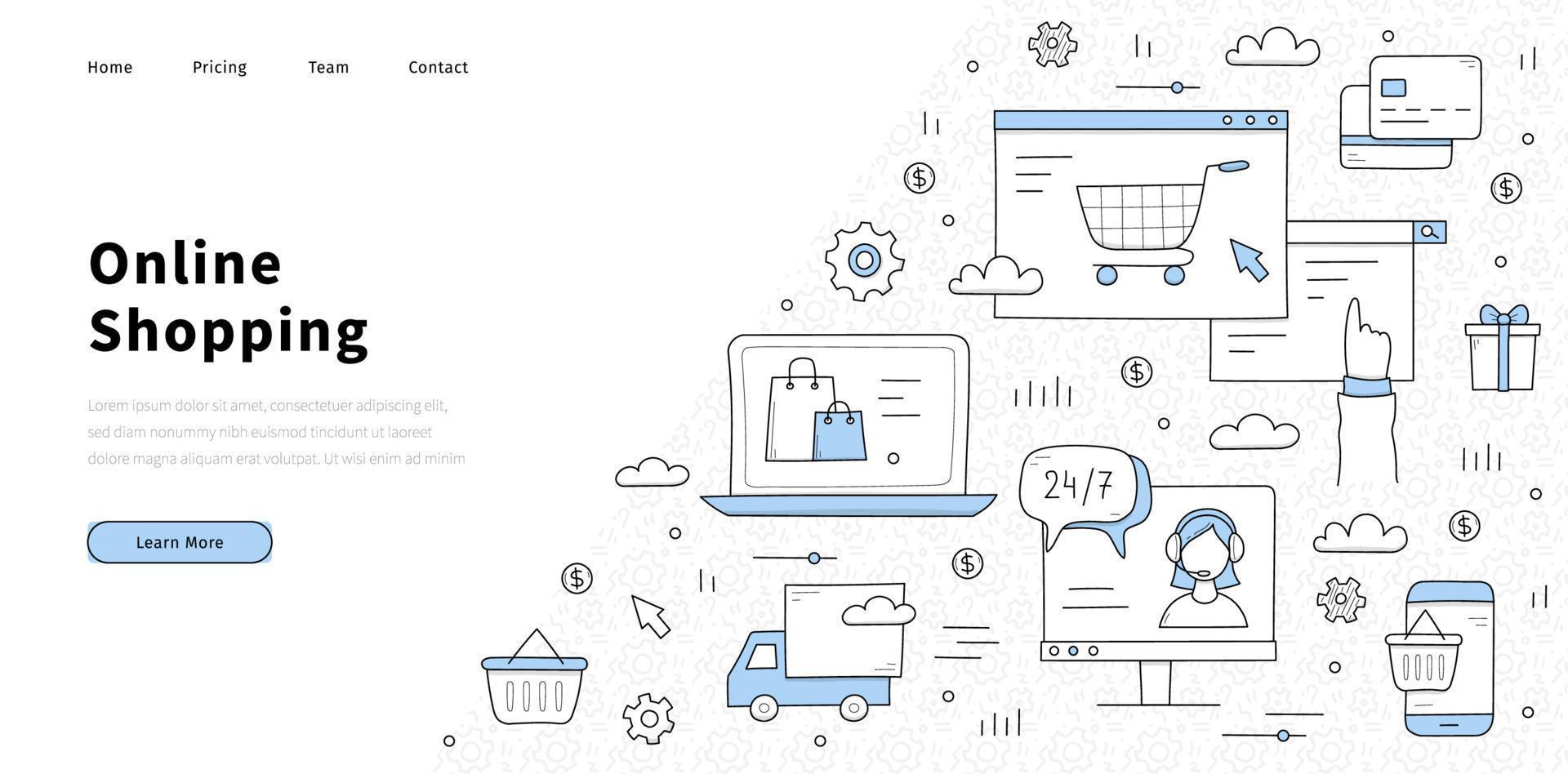 Online shopping doodle landing page, internet sale vector