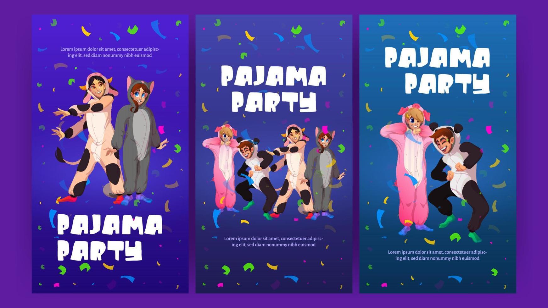 carteles de dibujos animados de fiesta de pijamas, gente en kigurumi vector