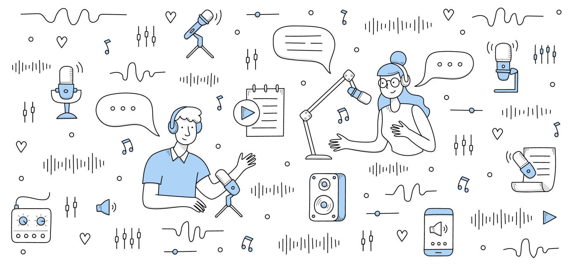 People with microphones record podcast vector