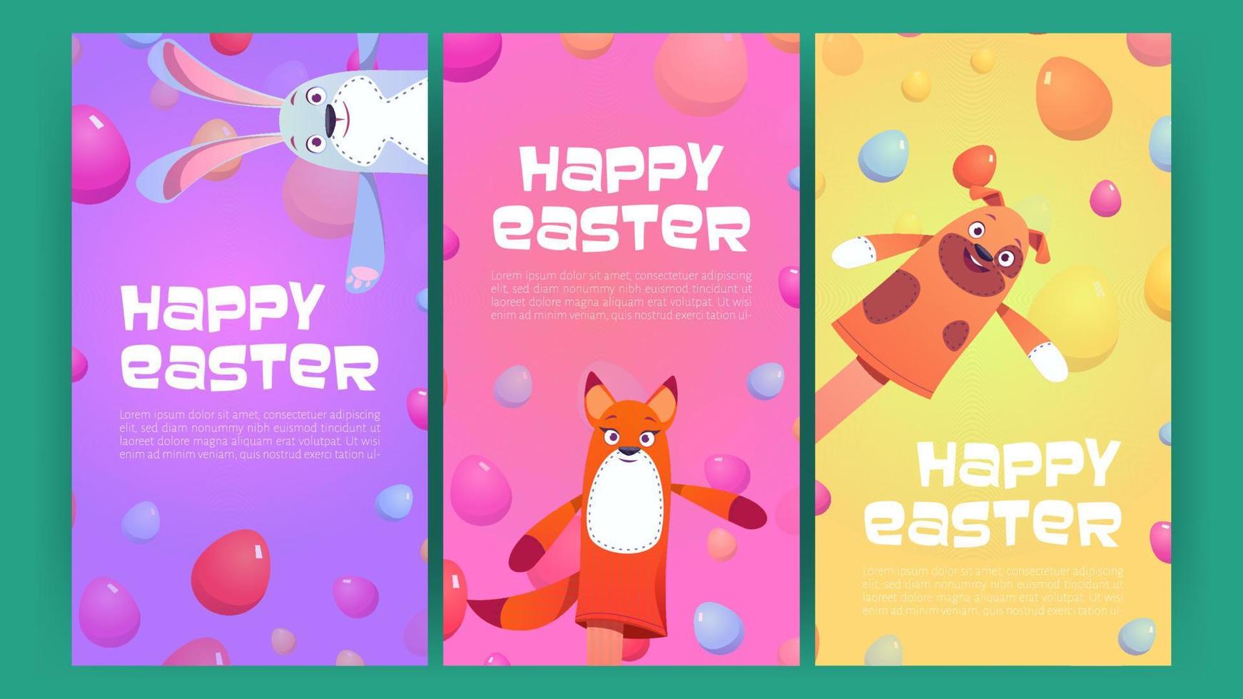 felices pancartas de pascua con huevos y lindas marionetas vector