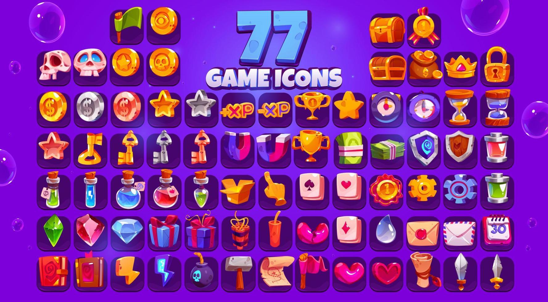 Game icons big set, cartoon skull, coin, star, xp vector