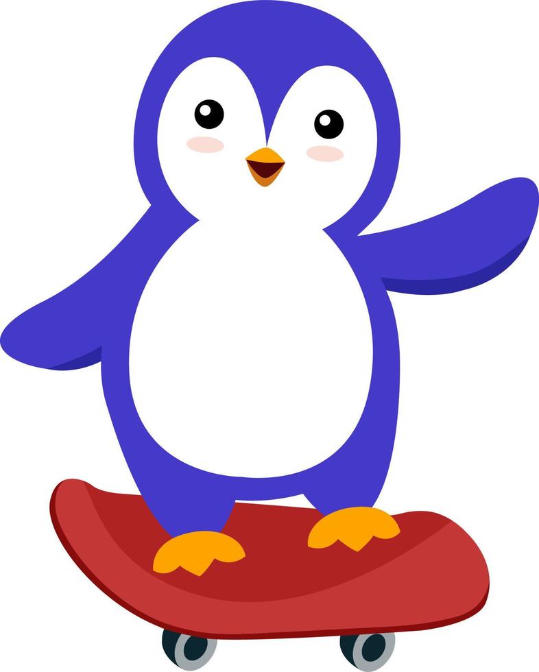Penguin on skateboard, illustration, vector on white background.