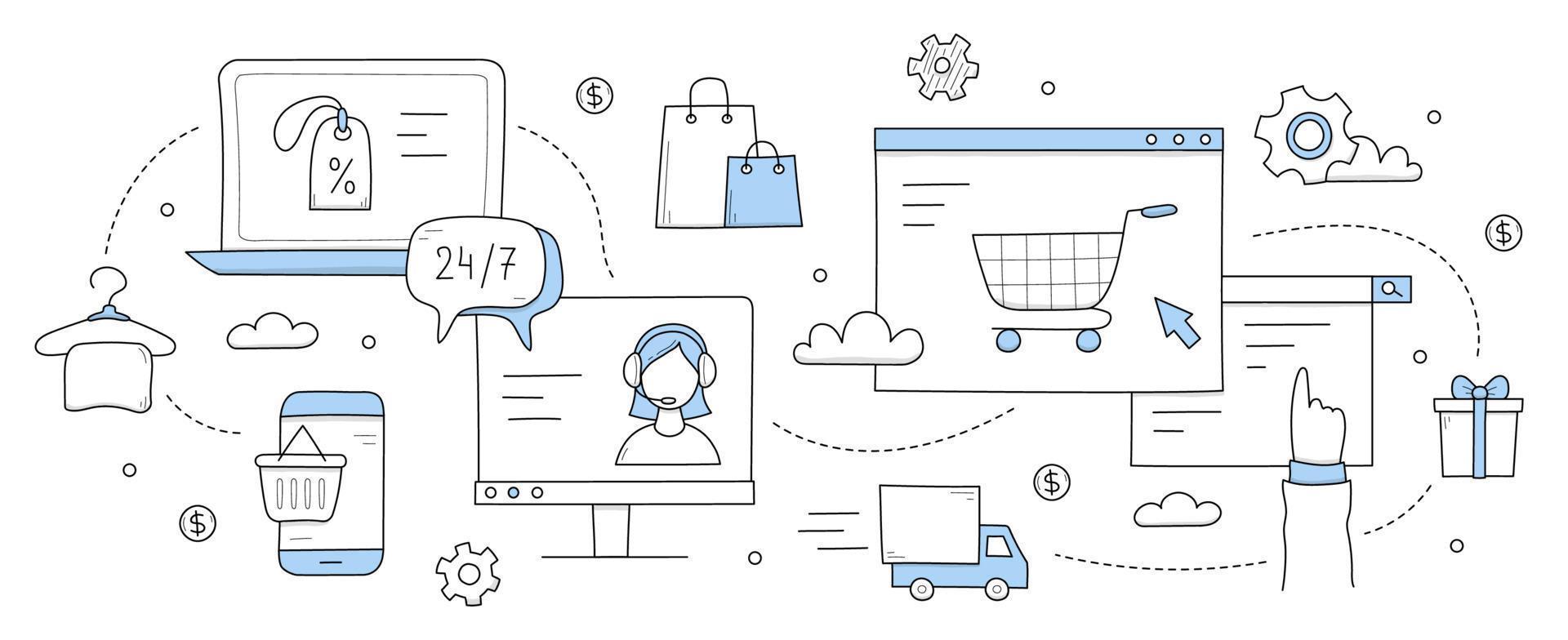 Online shopping doodle concept, internet sale vector