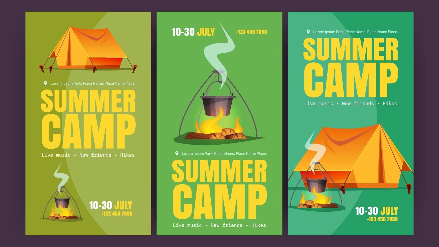 carteles de dibujos animados de campamento de verano con carpa y fogata vector