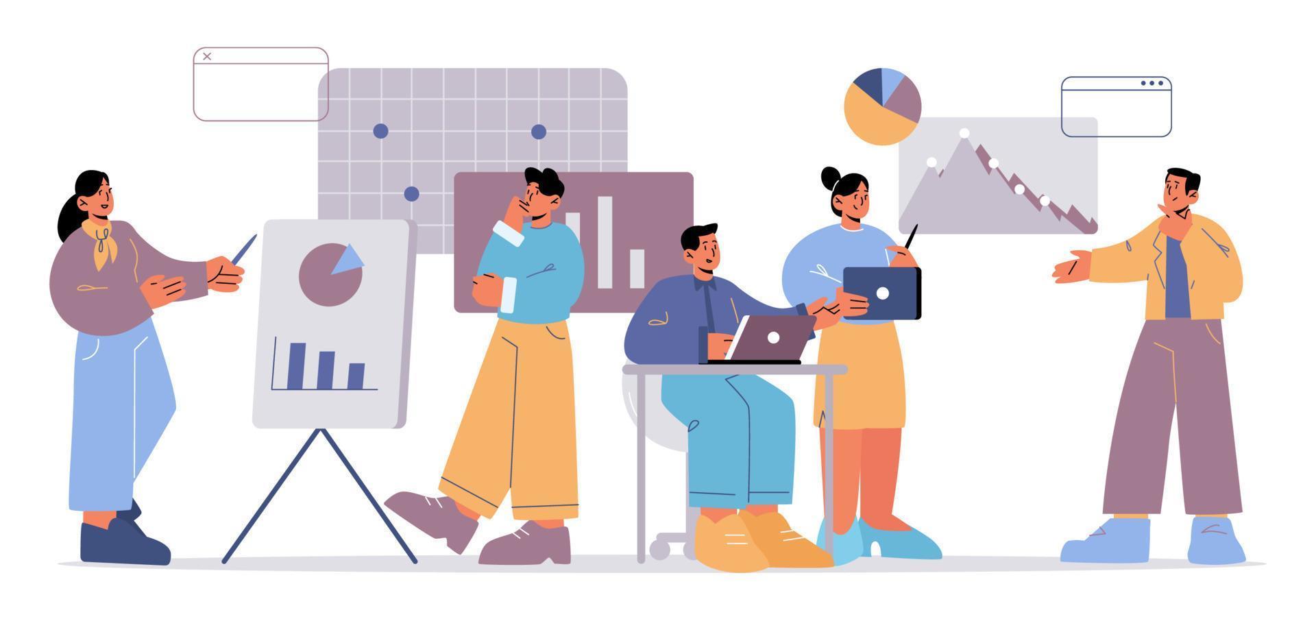 Analysts team analysing business data diagrams vector