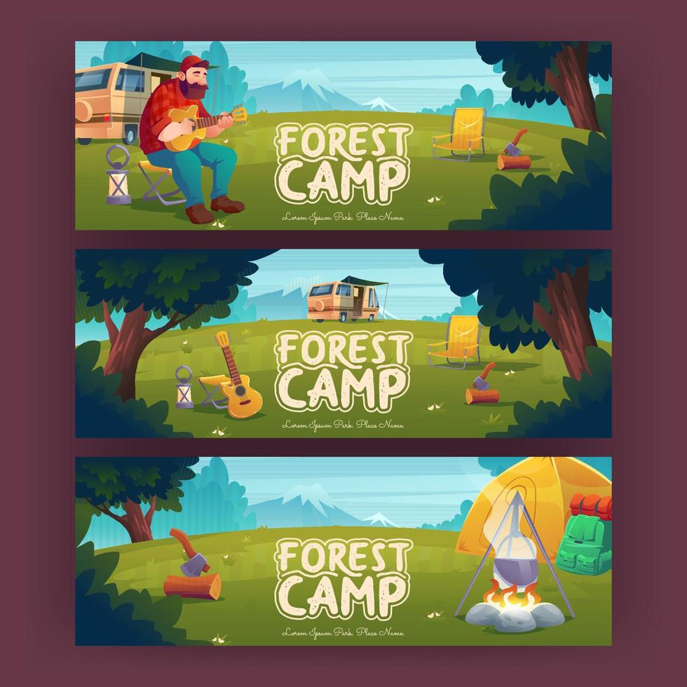 Forest camp posters with tent, bonfire and man vector