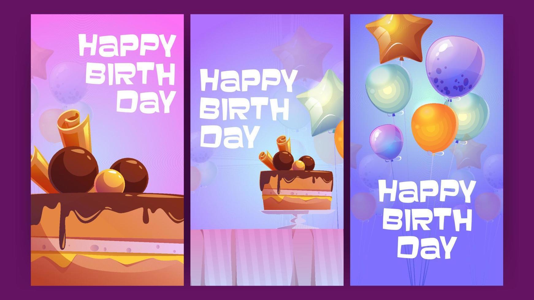 tarjetas de feliz cumpleaños con globos y pastel vector