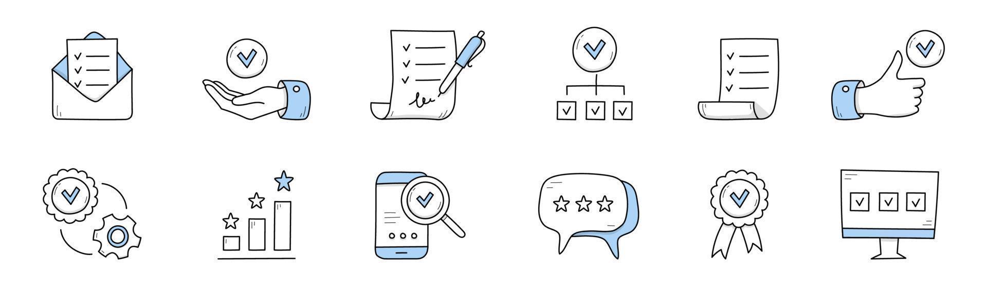 Quality control doodle icons, outline signs set vector