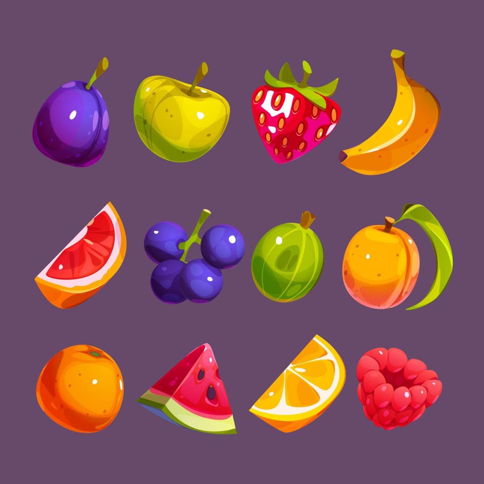 Fruit and berries icons, strawberry, plum, apple vector