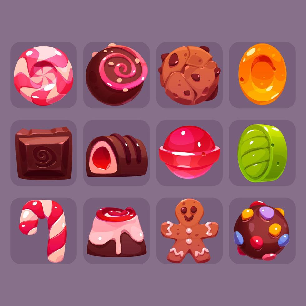 conjunto de dulces de interfaz de usuario de vector de dibujos animados de iconos de juego de dulces