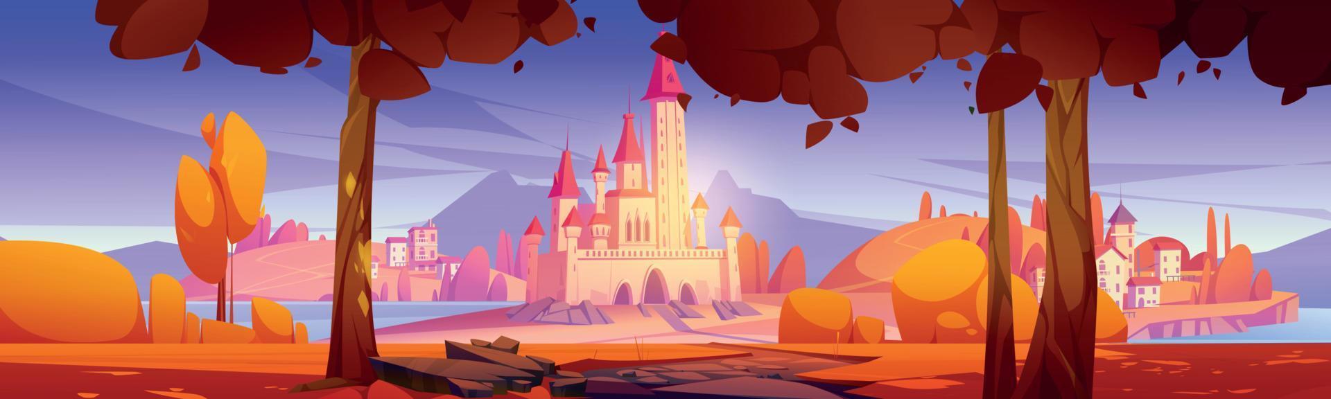 Magic castle and medieval town buildings, autumn vector