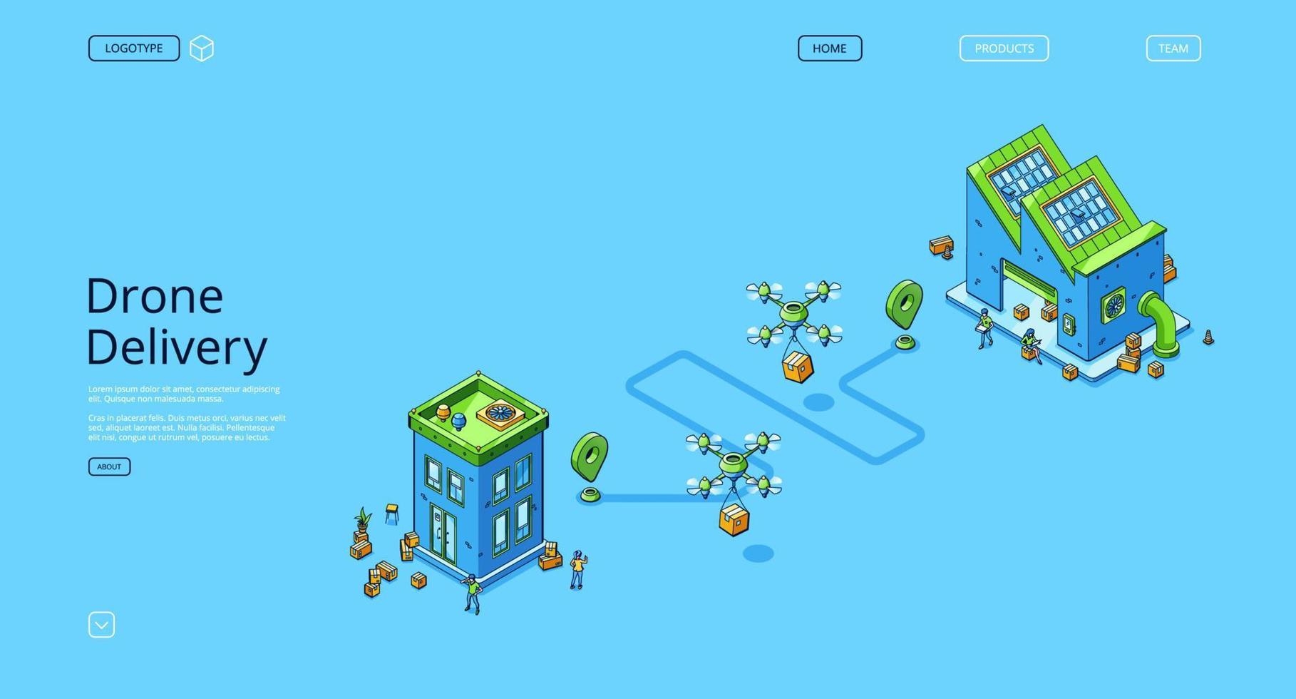 Drone delivery isometric landing page, quadcopters 13758336 Vector Art