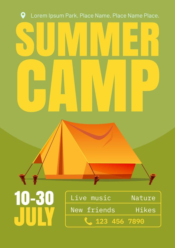 Summer camp cartoon poster with tent, invitation vector