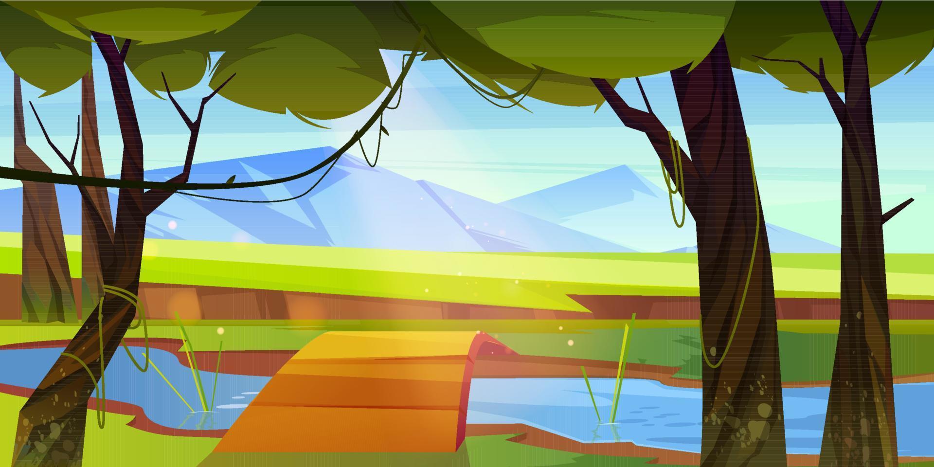 Summer forest with river, bridge and mountains vector