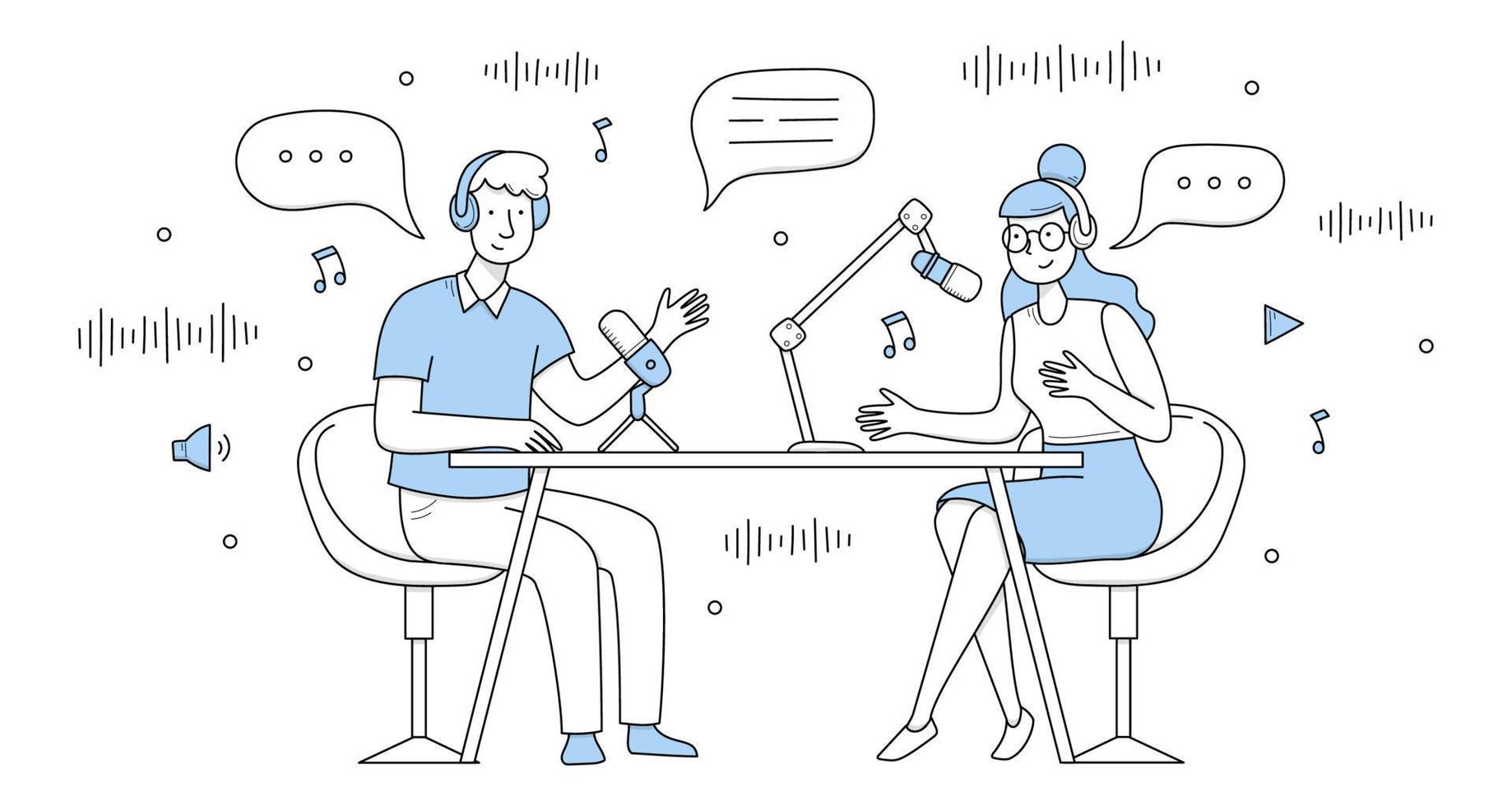 Podcast record, radio interview broadcast doodle vector