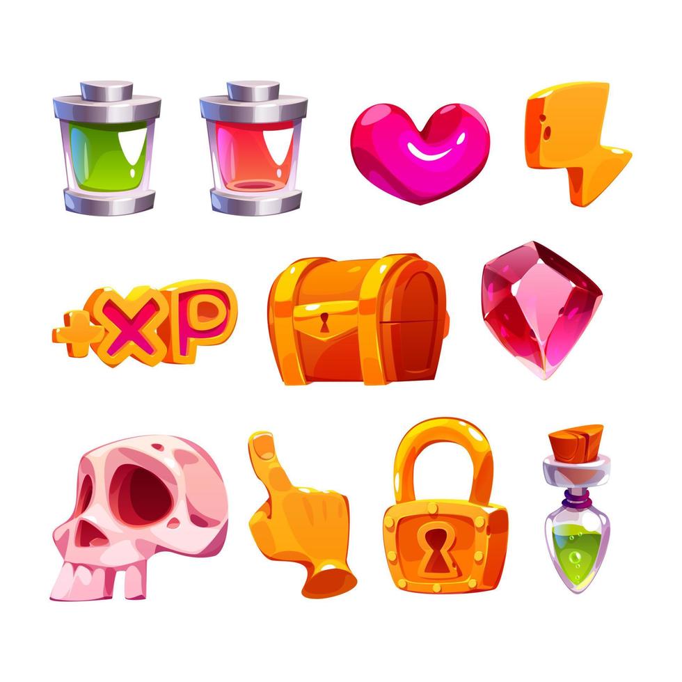 Game icons with heart, gem, lightning, batteries vector