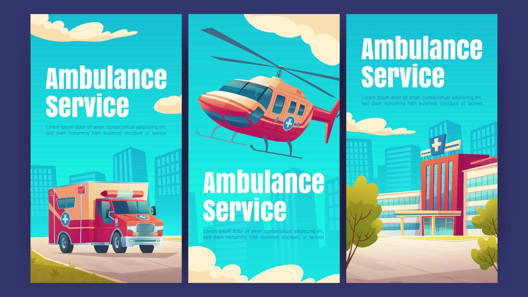 Ambulance service with hospital, van, helicopter vector