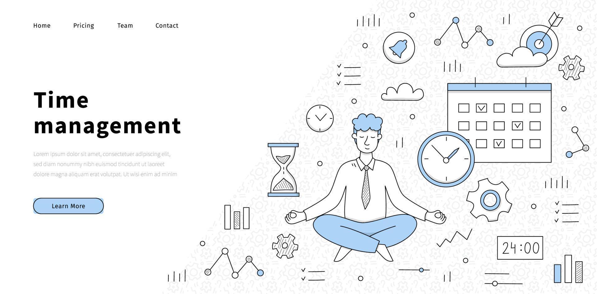 Time management banner with man in yoga pose vector
